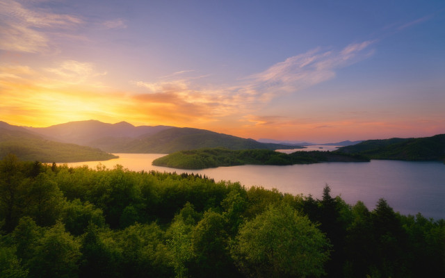 Sunset lake mountains trees orange free wallpaper for desktop - medium preview image
