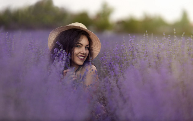 Lavender field woman hat smile free wallpaper for desktop - medium preview image