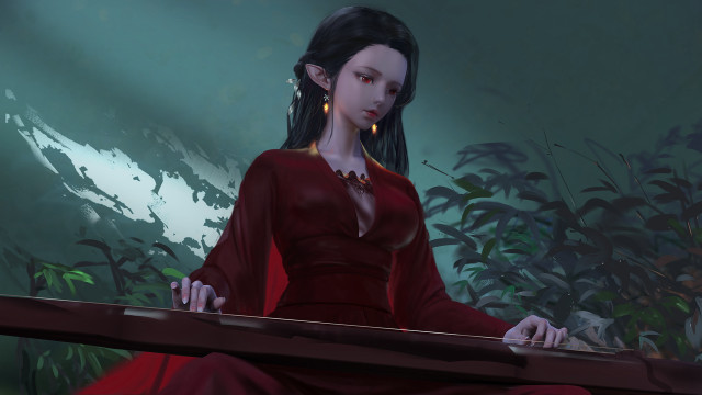 Woman red dress forest elf free wallpaper for desktop - medium preview image