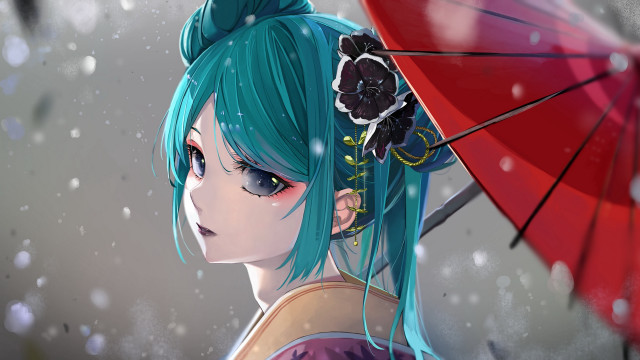Blue hair umbrella snow anime free wallpaper for desktop - medium preview image