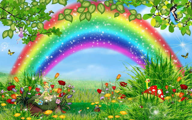 Rainbow field fairy mushroom grass free wallpaper for desktop - medium preview image