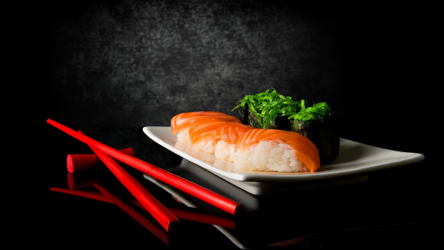 Sushi plate chopsticks black background #2 free wallpaper for desktop - medium preview image