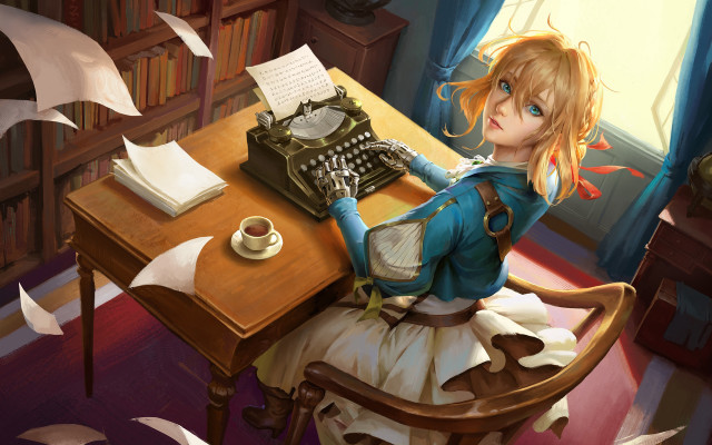Girl typewriter coffee papers fantasy free wallpaper for desktop - medium preview image