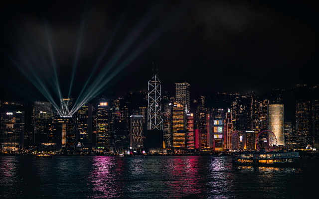 City skyline boat night lights free wallpaper for desktop - medium preview image
