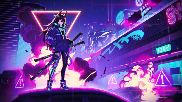 Futuristic city neon cyberpunk weapon free wallpaper for desktop - medium preview image