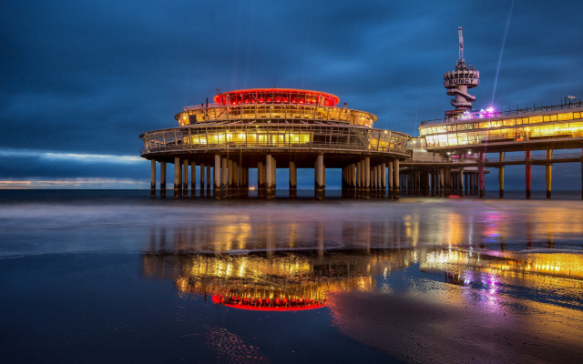 Pier tower clocknight lights water free wallpaper for desktop - medium preview image