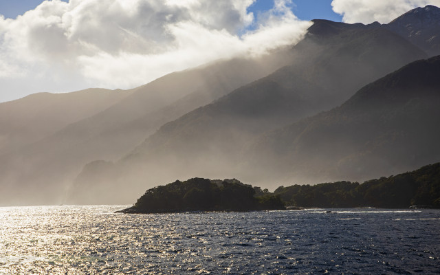 Mountain reflection boat ocean sky free wallpaper for desktop - medium preview image
