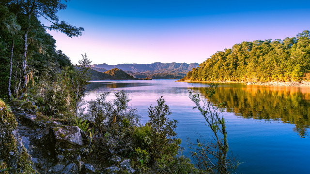 Lake mountains trees sky bench free wallpaper for desktop - medium preview image