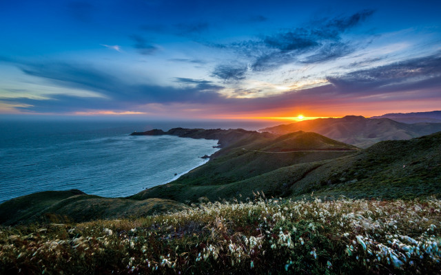 Sunset mountain water hills city free wallpaper for desktop - medium preview image