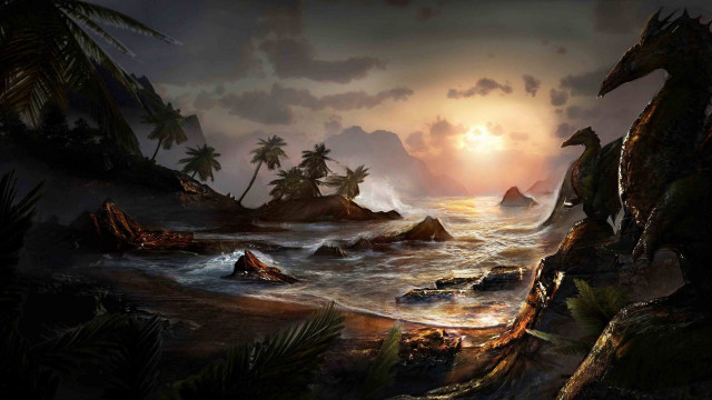 Sunset rocky beach dragon boat free wallpaper for desktop - medium preview image