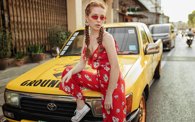 Woman red jumpsuit yellow truck free wallpaper for desktop - medium preview image