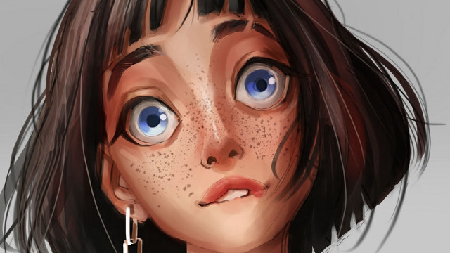 Freckled girl blueeyes digitalpainting portrait free wallpaper for desktop - medium preview image