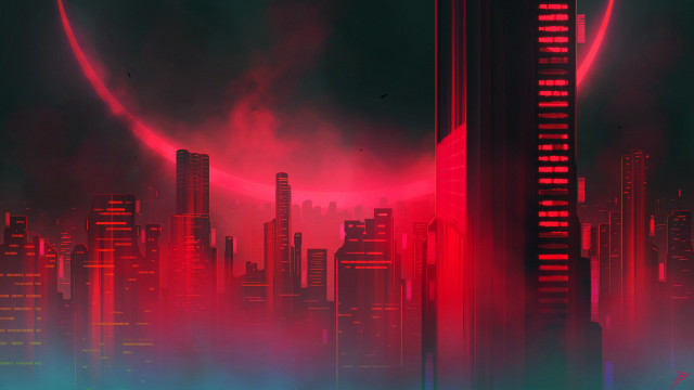 Futuristic city red light retrofuturism free wallpaper for desktop - medium preview image