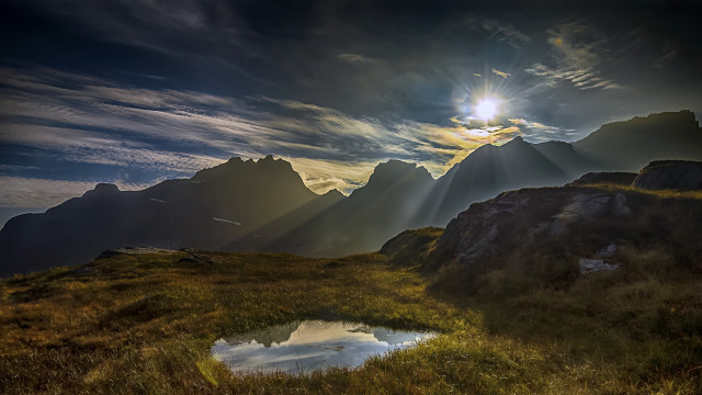 Mountain pond sunbeam clouds landscape free wallpaper for desktop - medium preview image