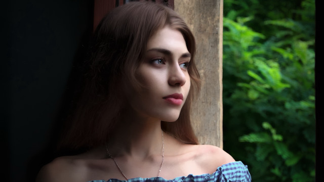 Woman long hair window trees #2 free wallpaper for desktop - medium preview image