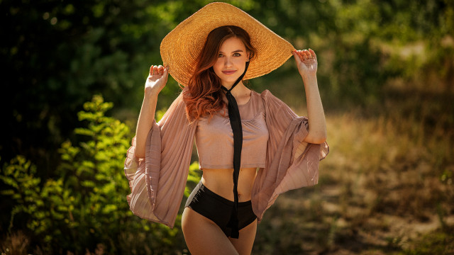 Woman bikini hat forest fashion free wallpaper for desktop - medium preview image