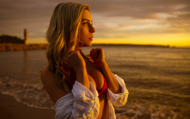 Beach sunset blonde woman bikini free wallpaper for desktop - medium preview image