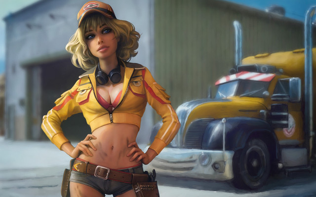 Yellow woman truck blurry digital free wallpaper for desktop - medium preview image