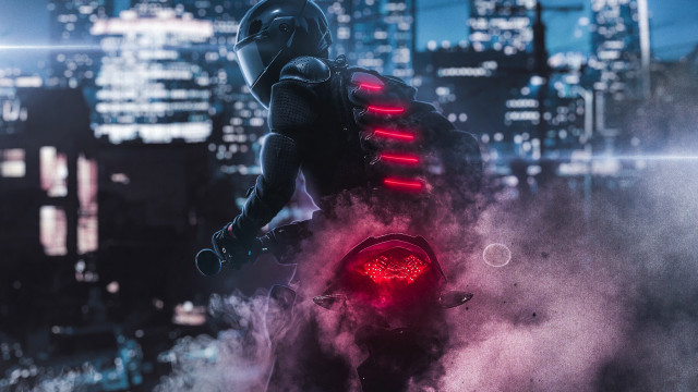 Futuristic man motorcycle city night free wallpaper for desktop - medium preview image