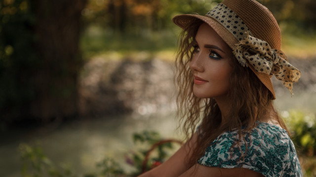 Woman hat river park bokeh free wallpaper for desktop - medium preview image