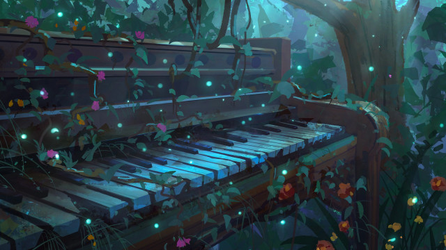Piano forest flowers butterflies tree free wallpaper for desktop - medium preview image