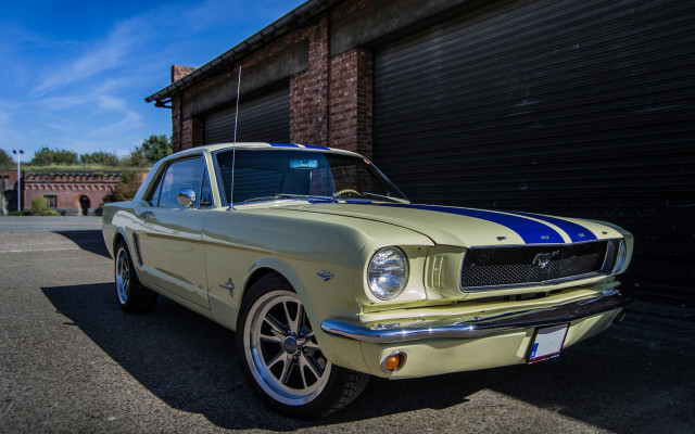 Yellow mustang garage blue stripe free wallpaper for desktop - medium preview image