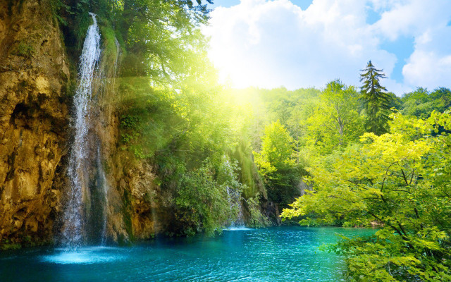 Waterfall forest blue pool green #2 free wallpaper for desktop - medium preview image