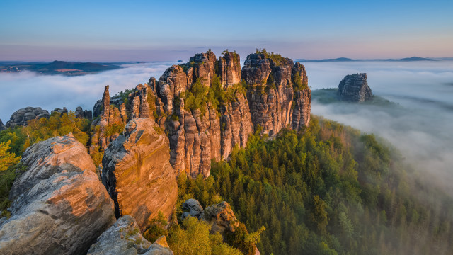 Mountain forest foggy sky rock free wallpaper for desktop - medium preview image
