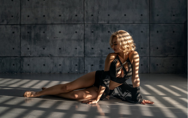 Woman blonde blackdress heels crossedlegs free wallpaper for desktop - medium preview image