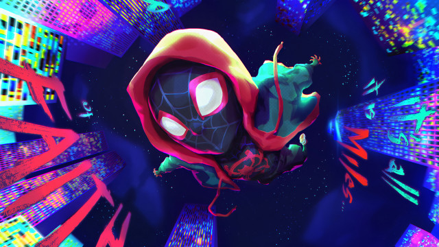 Spiderman neon city night skyline free wallpaper for desktop - medium preview image