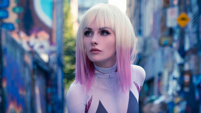 Pink haired futuristic cityscape bokeh free wallpaper for desktop - medium preview image