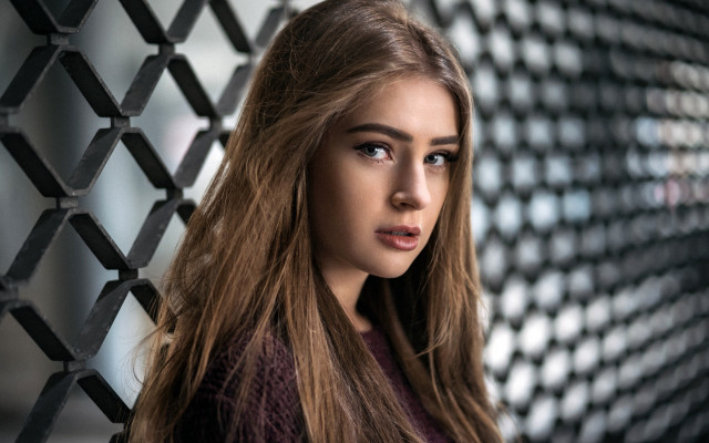 Woman fence grid pattern photorealistic free wallpaper for desktop - medium preview image