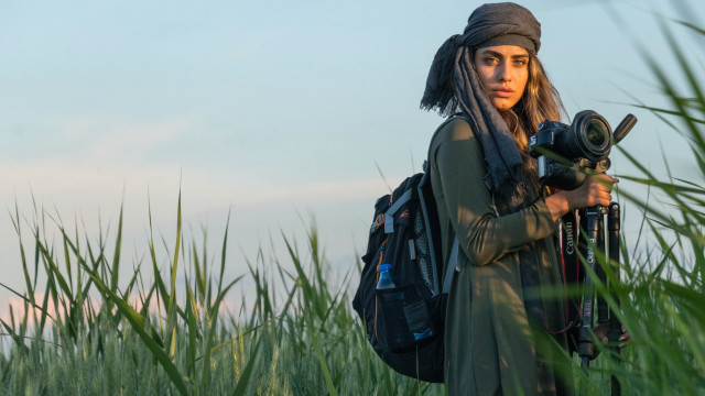 Woman camera backpack field sky free wallpaper for desktop - medium preview image