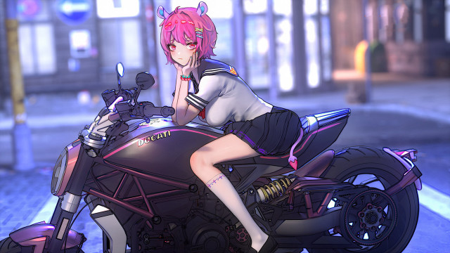 Girl motorcycle city night pink free wallpaper for desktop - medium preview image