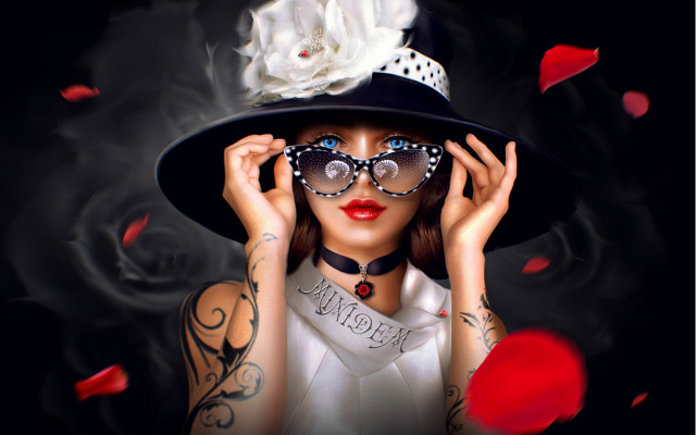 Woman hat glasses rose petals free wallpaper for desktop - medium preview image