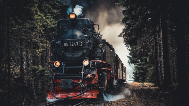 Train forest smoke cinematic aurora free wallpaper for desktop - medium preview image