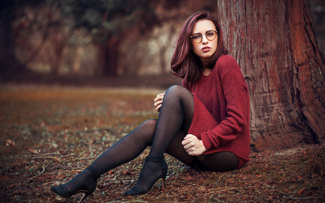 Woman red sweater black stockings #2 free wallpaper for desktop - medium preview image