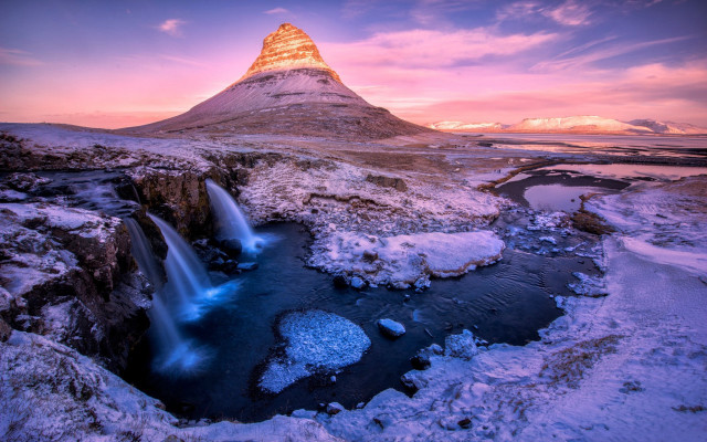 Mountain waterfall pink sky dusk free wallpaper for desktop - medium preview image