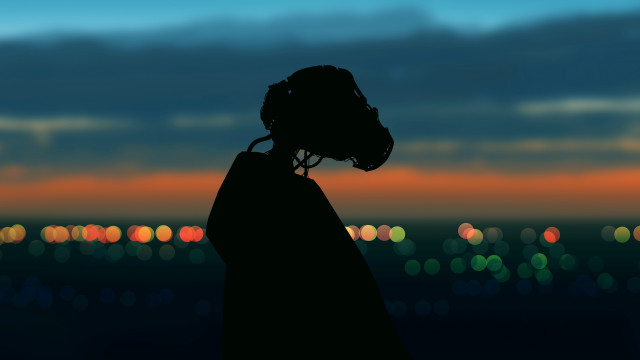 Silhouette headset cityscape night bokeh free wallpaper for desktop - medium preview image