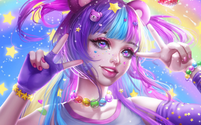 Blue hair star ornament fantasy free wallpaper for desktop - medium preview image