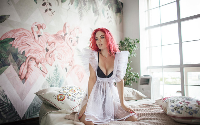 Redhair woman sitting bed wallpaper free wallpaper for desktop - medium preview image