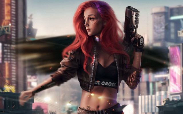 Neon city girl gun cyberpunk free wallpaper for desktop - medium preview image