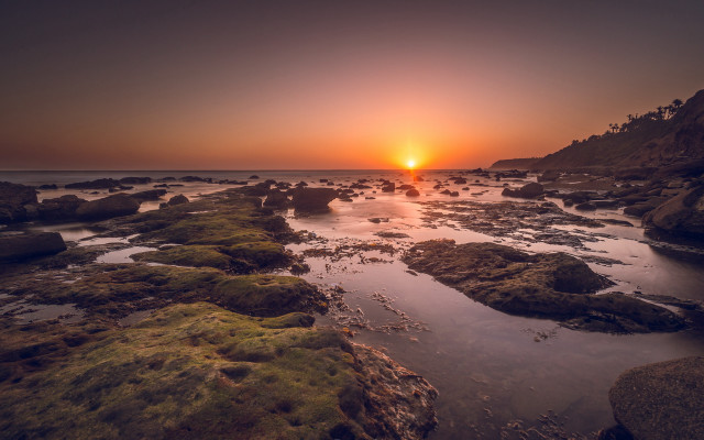 Sunset rocky beach city lights free wallpaper for desktop - medium preview image