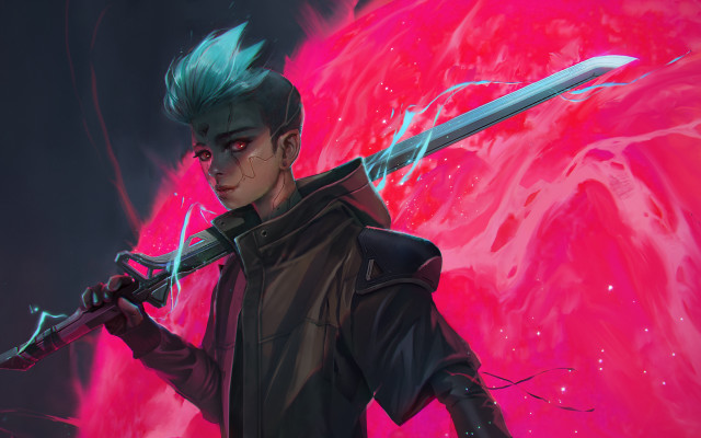 Man sword pink background red free wallpaper for desktop - medium preview image