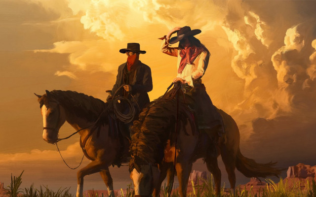 Cowboys horses sunset clouds western free wallpaper for desktop - medium preview image