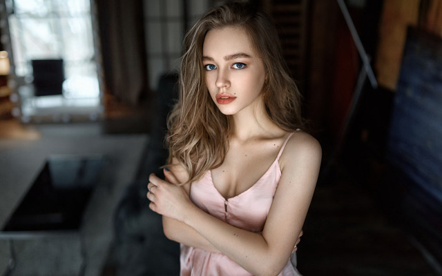 Pink dress woman couch window free wallpaper for desktop - medium preview image