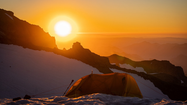 Snowy mountain tent sunset dusk free wallpaper for desktop - medium preview image