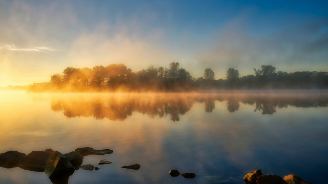 Sunset mountain lake trees mist free wallpaper for desktop - medium preview image
