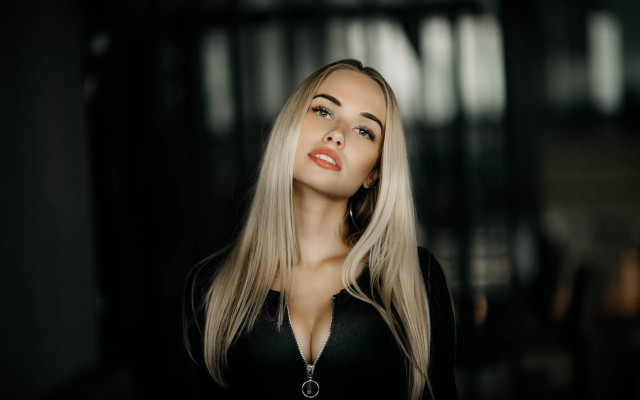 Blonde woman black shirt dark #2 free wallpaper for desktop - medium preview image