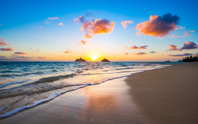 Beach waves sunset island clouds free wallpaper for desktop - medium preview image